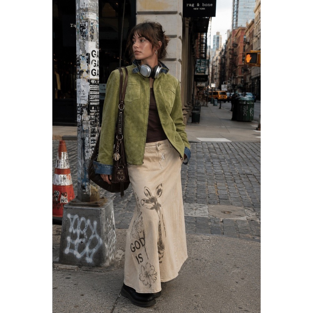 Vintage Suede Denim Trim Jacket Womens Size 12 Green Leather Y2K Moto